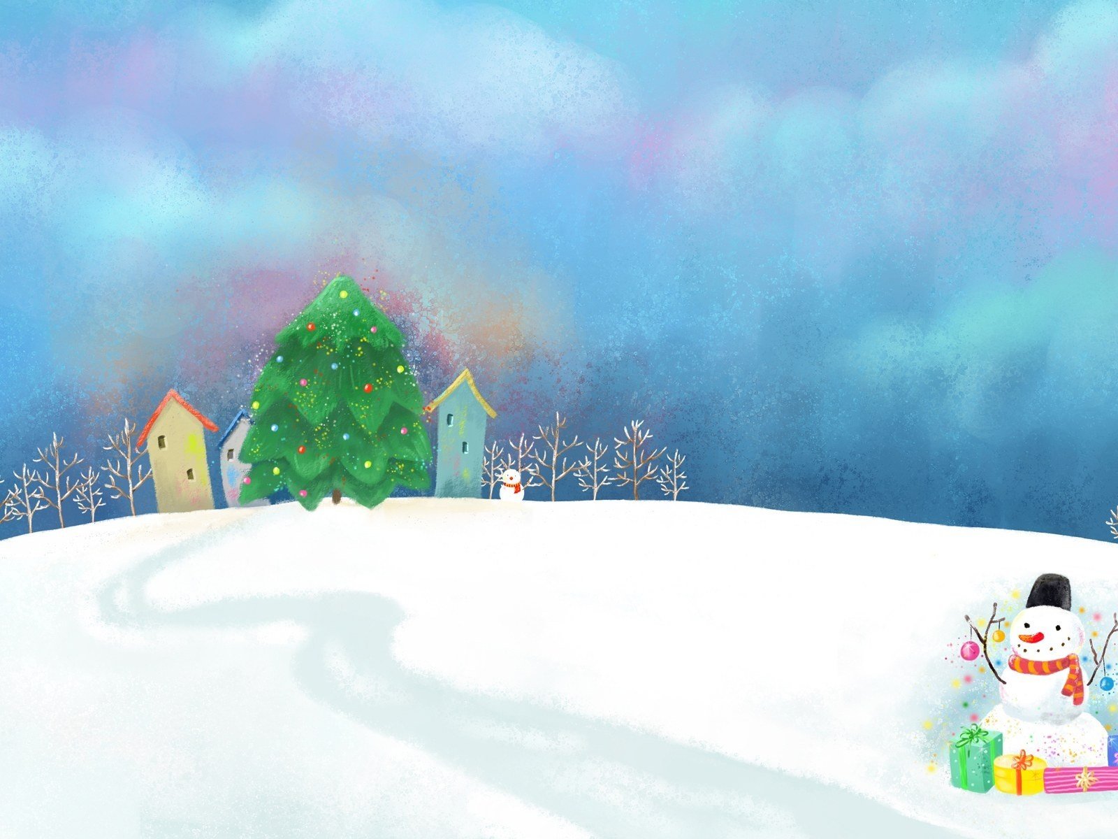 Обои арт, снег, новый год, елка, дома, снеговик, праздник, art, snow, new year, tree, home, snowman, holiday разрешение 1920x1200 Загрузить