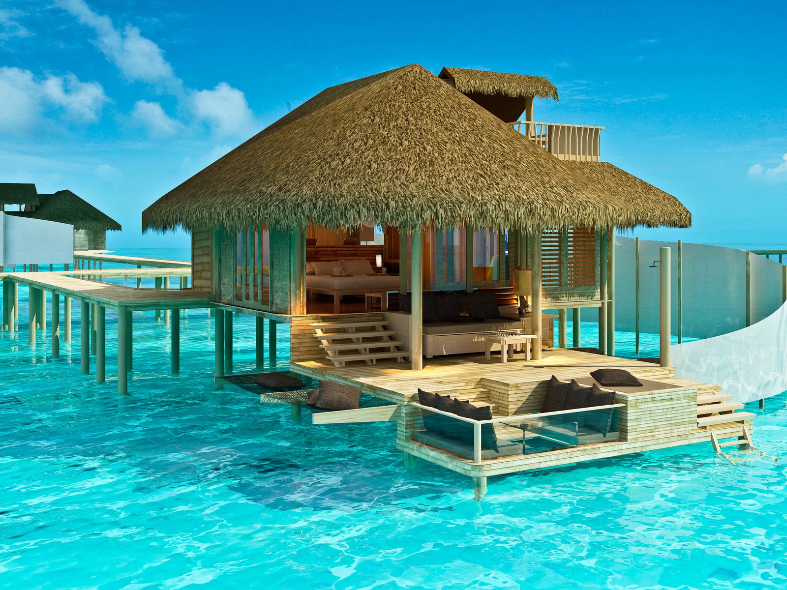 Обои бунгало, тропики, мальдивы, bungalow, tropics, the maldives разрешение 3508x2480 Загрузить