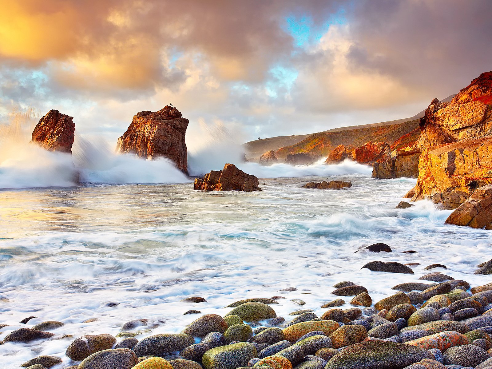 Обои облака, скалы, камни, волны, океан, сша, калифорния, clouds, rocks, stones, wave, the ocean, usa, ca разрешение 1920x1200 Загрузить