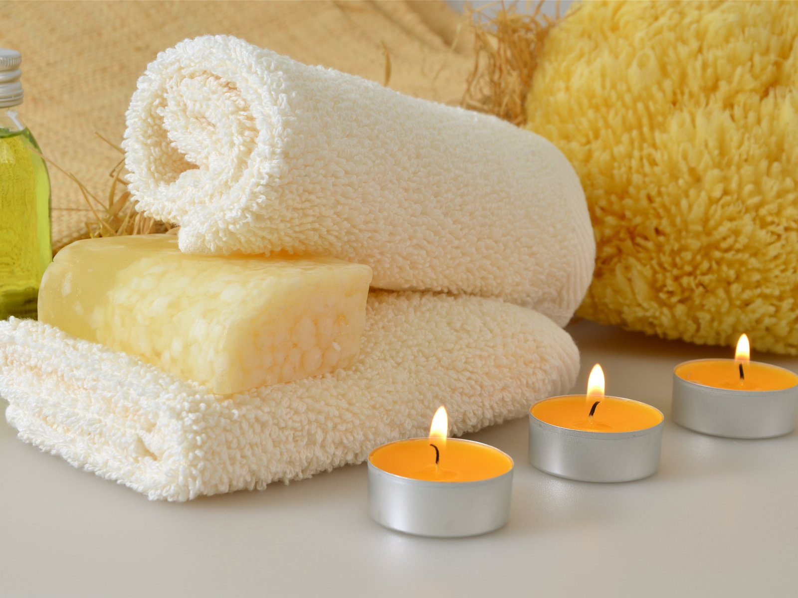 Обои свечи, полотенце, спа, мыло, гель для душа, мочалка, candles, towel, spa, soap, shower gel, washcloth разрешение 5466x3600 Загрузить