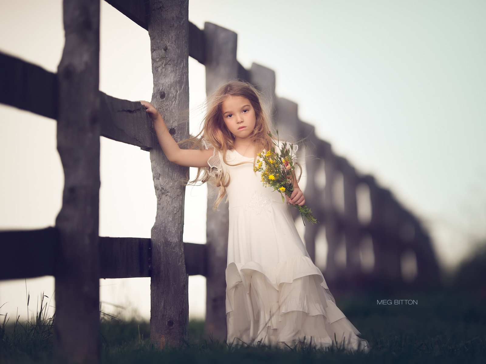 Обои цветы, настроение, платье, забор, дети, девочка, flowers, mood, dress, the fence, children, girl разрешение 2048x1370 Загрузить