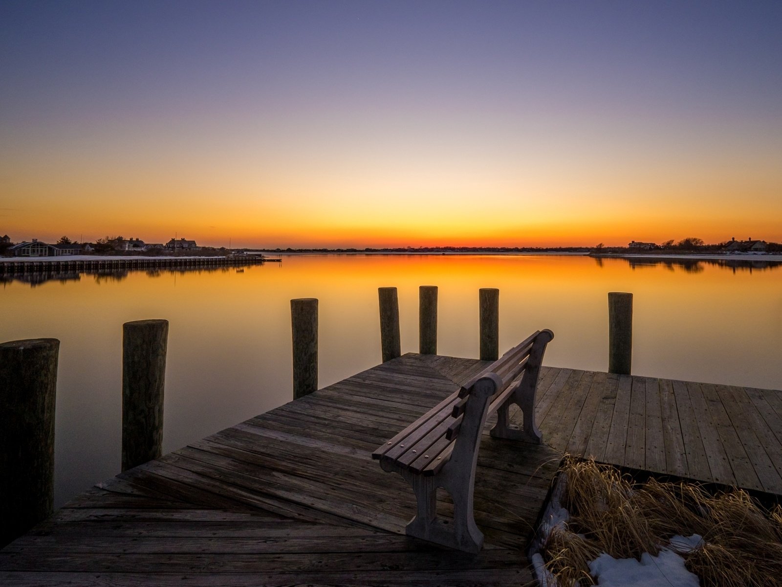 Обои озеро, закат, горизонт, мост, скамья, lake, sunset, horizon, bridge, bench разрешение 2583x1622 Загрузить