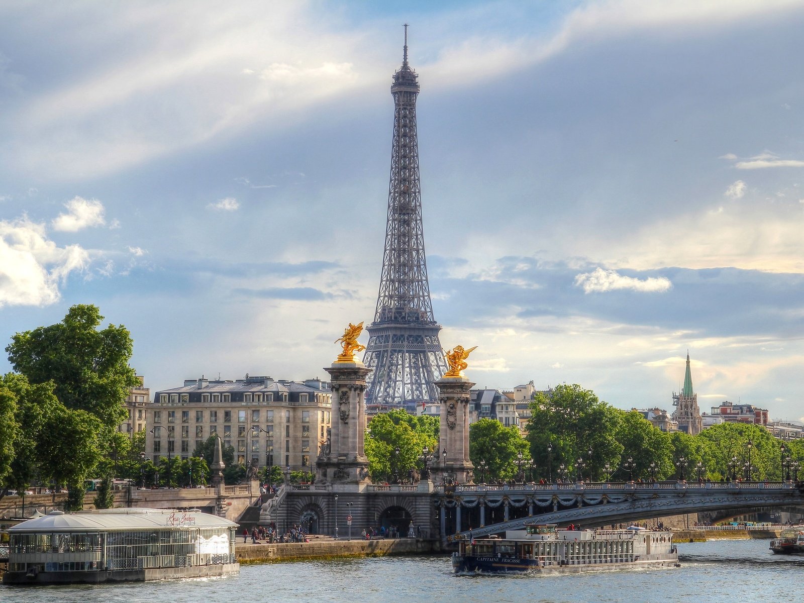 Обои река, мост, корабль, париж, франция, эйфелева башня, сена, river, bridge, ship, paris, france, eiffel tower, hay разрешение 2048x1365 Загрузить