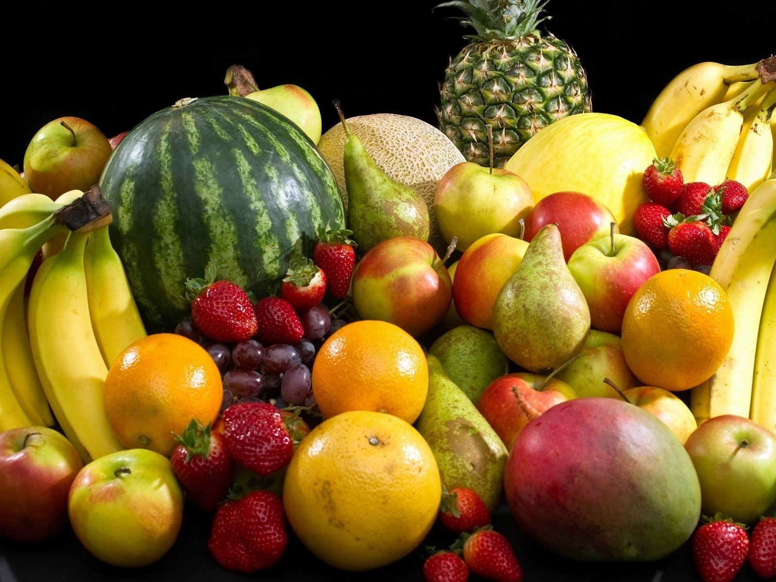 Обои виноград, ананас, фрукты, груши, яблоки, дыня, апельсины, манго, клубника, арбуз, ягоды, бананы, grapes, pineapple, fruit, pear, apples, melon, oranges, mango, strawberry, watermelon, berries, bananas разрешение 1920x1200 Загрузить