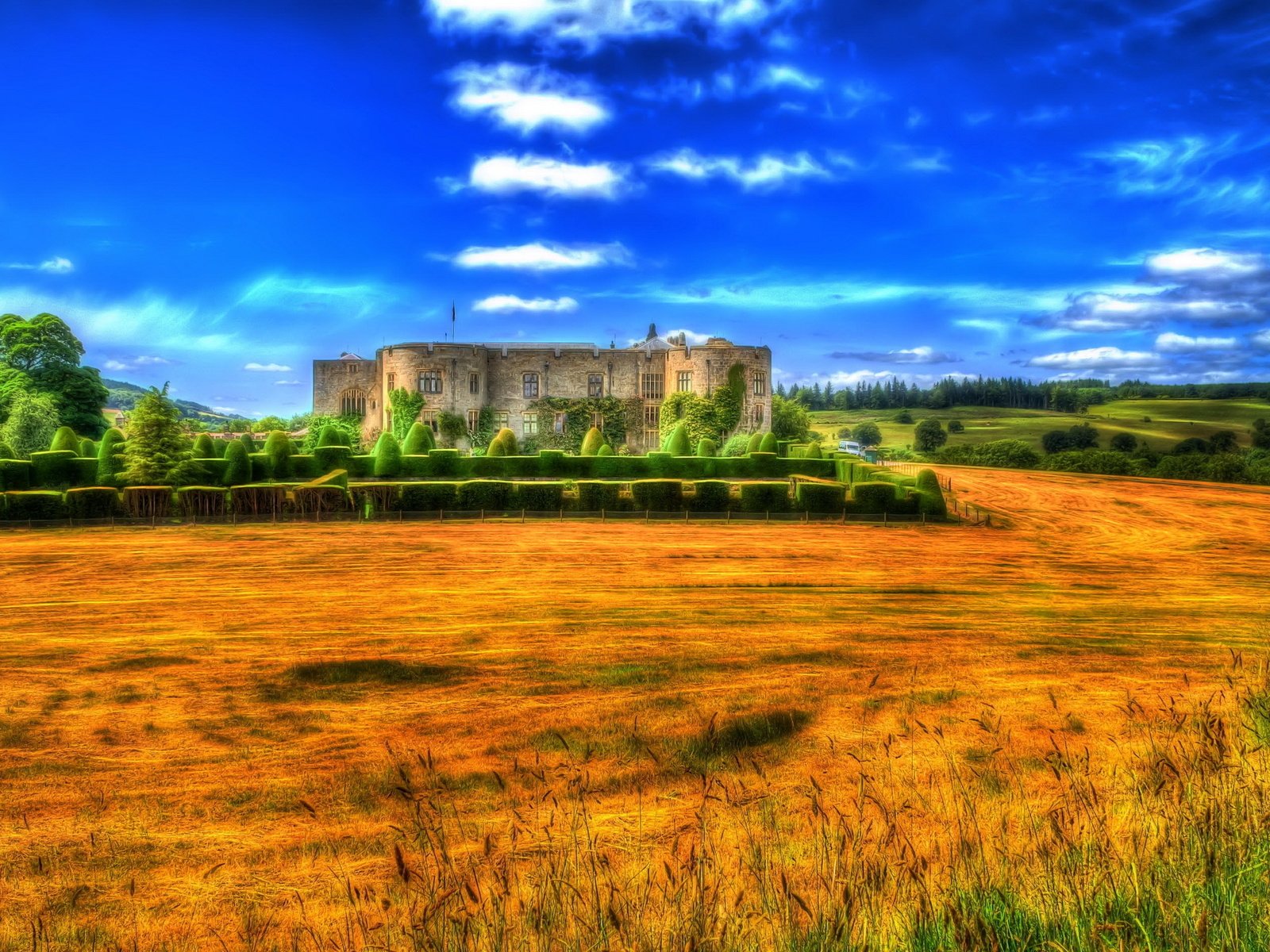 Обои деревья, дизайн, поля, кусты, замок, великобритания, chirk castle, trees, design, field, the bushes, castle, uk разрешение 2400x1520 Загрузить