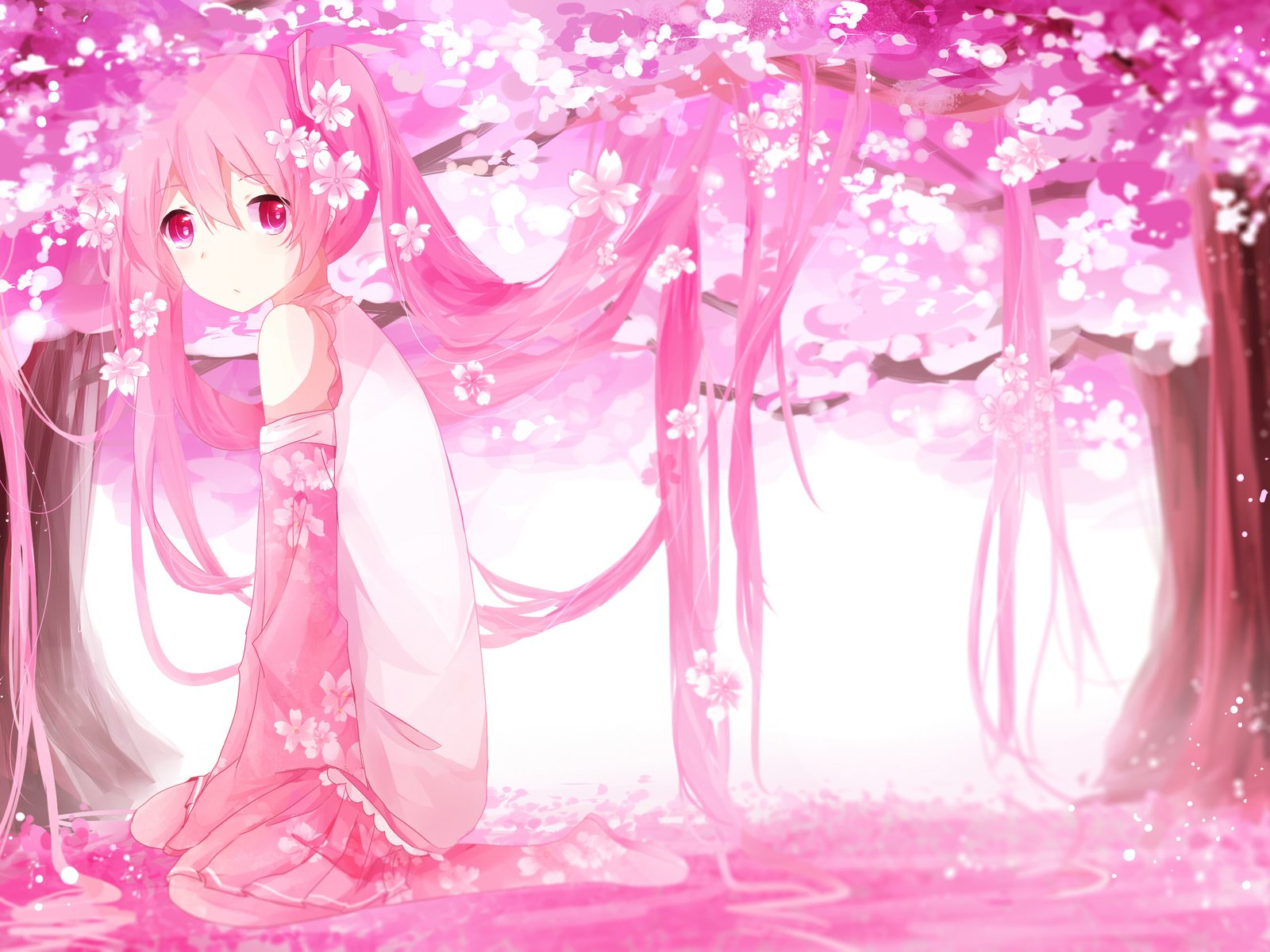 Скачать обои цветы, sakura miku, арт, деревья, девушка разрешение 1600x1200  #95178