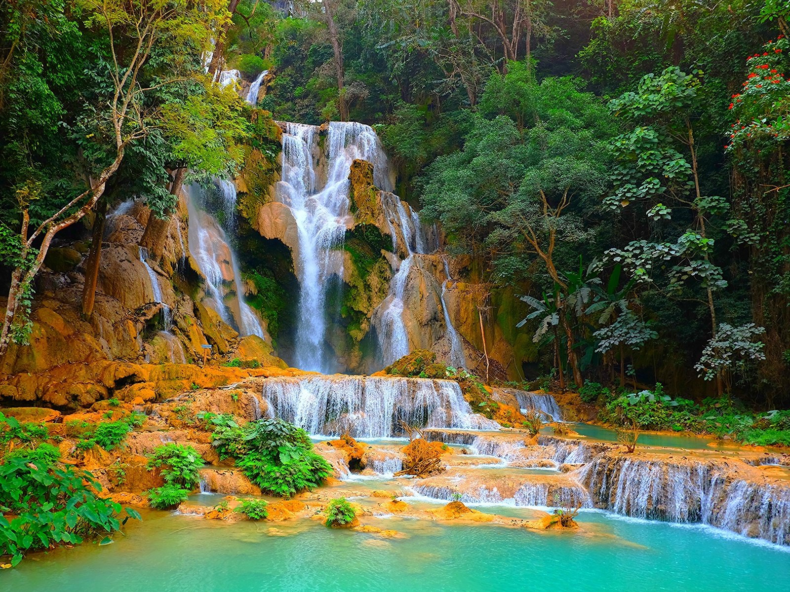 Обои деревья, скалы, природа, лес, водопад, каскад, лаос, kuang si waterfall, trees, rocks, nature, forest, waterfall, cascade, laos разрешение 2880x1920 Загрузить