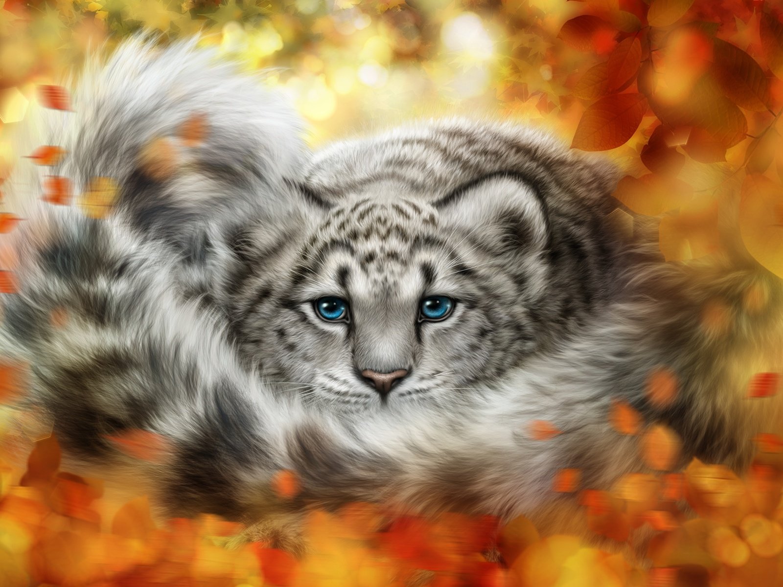 Обои арт, листья, взгляд, осень, леопард, снежный барс, ирбис, art, leaves, look, autumn, leopard, snow leopard, irbis разрешение 2123x1250 Загрузить