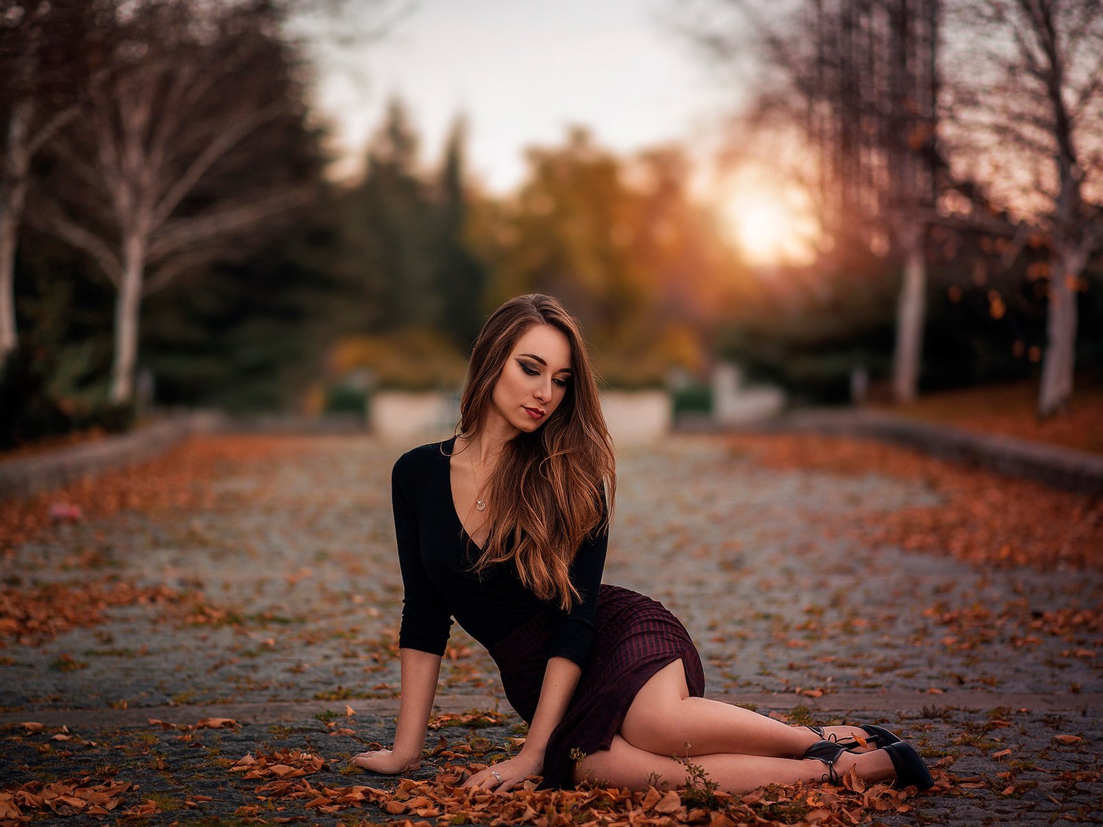 Обои листья, девушка, поза, ножки, leaves, girl, pose, legs разрешение 2048x1367 Загрузить