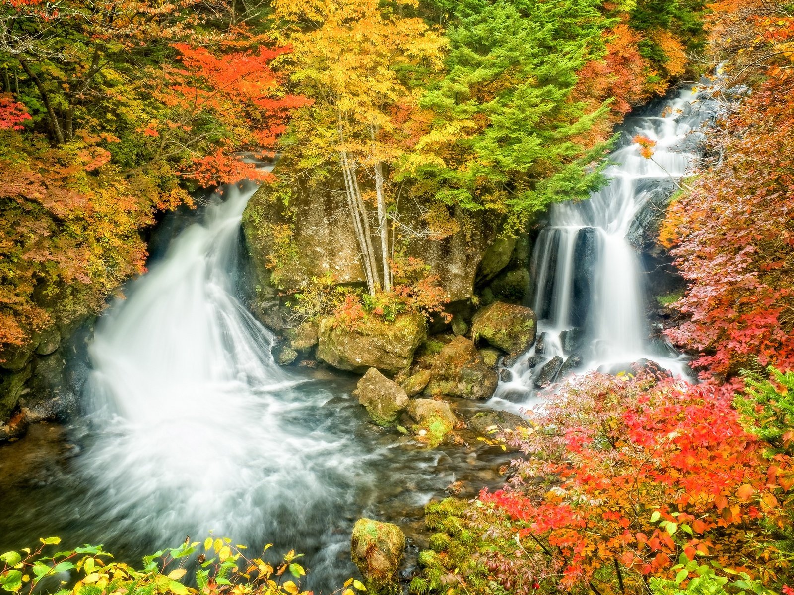 Обои скалы, пейзаж, водопад, осень, япония, rocks, landscape, waterfall, autumn, japan разрешение 2880x1920 Загрузить