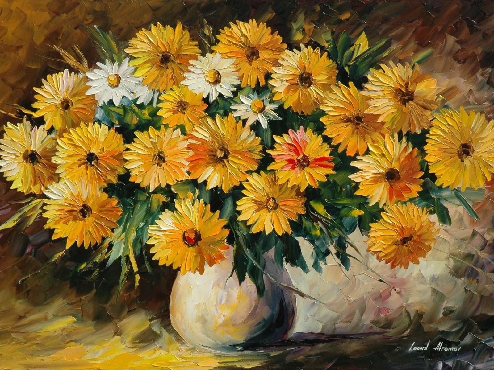 Обои цветы, букет, ваза, живопись, leonid afremov, flowers, bouquet, vase, painting разрешение 2813x1869 Загрузить