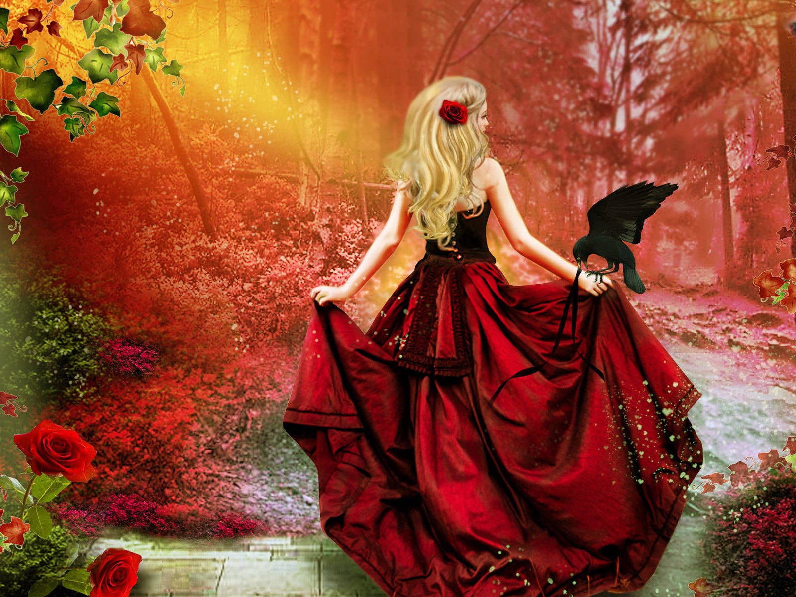 Рисунок Девушка В Красном Платье Со Спины