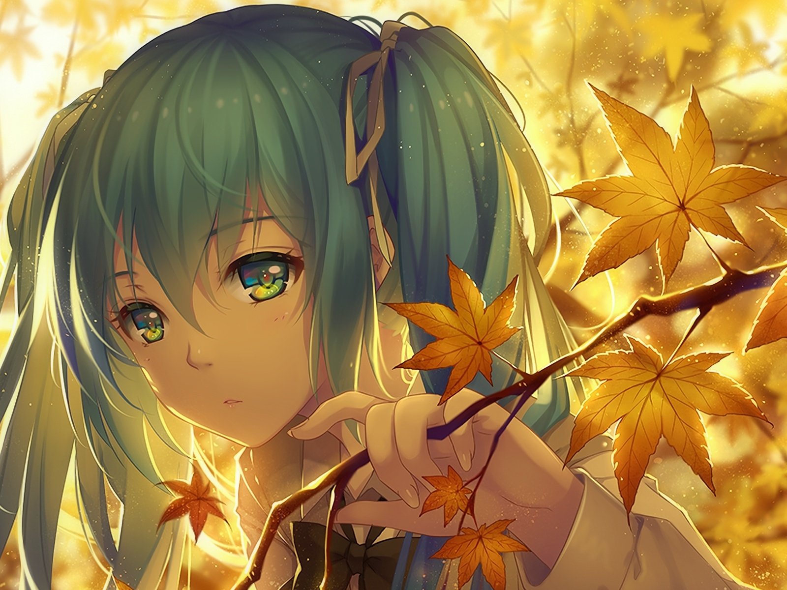 Обои арт, музыка, осень, аниме, девочка, вокалоид, мику хацунэ, art, music, autumn, anime, girl, vocaloid, hatsune miku разрешение 1920x1200 Загрузить