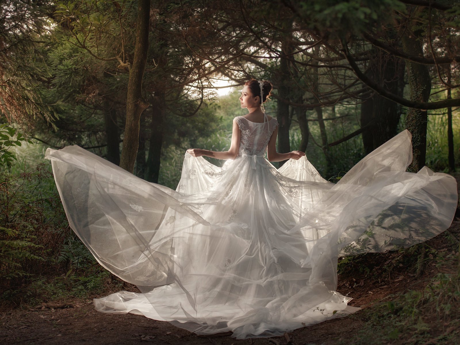 Обои лес, девушка, невеста, свадебное платье, forest, girl, the bride, wedding dress разрешение 2048x1363 Загрузить