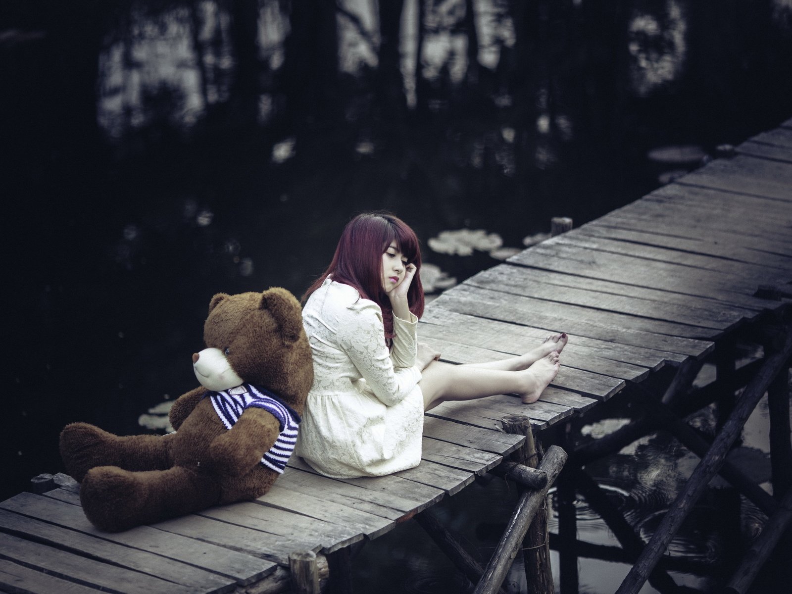 Обои девушка, мост, мишка, girl, bridge, bear разрешение 2560x1655 Загрузить