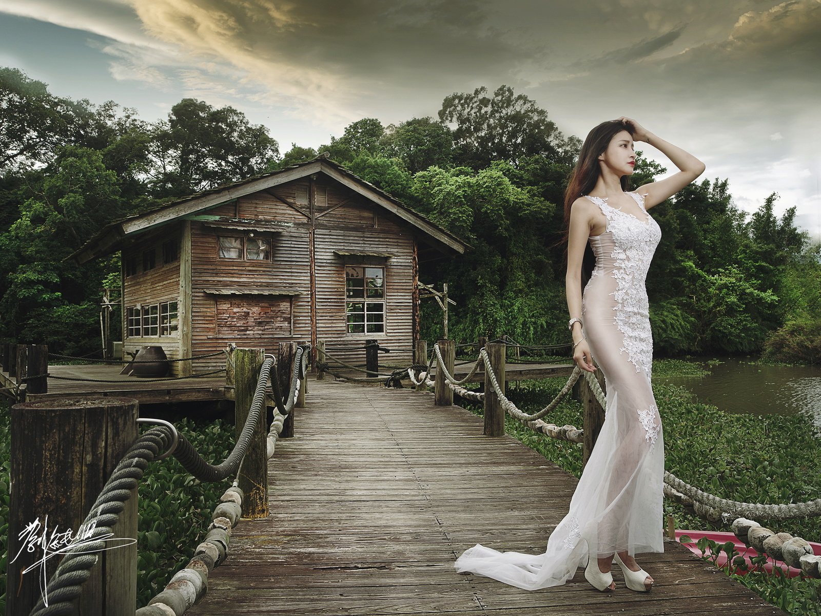 Обои река, liu alex, природа, девушка, платье, поза, мост, дом, белое, river, alex liu, nature, girl, dress, pose, bridge, house, white разрешение 2400x1800 Загрузить