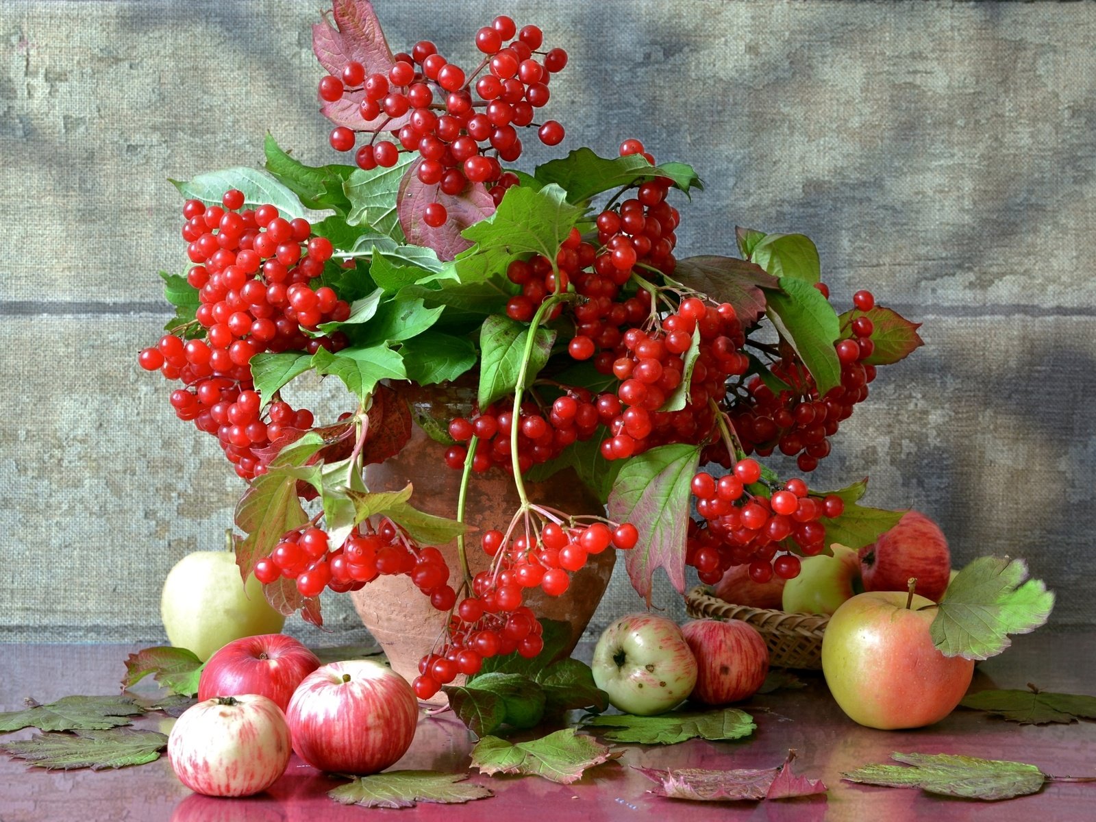 Обои фрукты, яблоки, осень, ягоды, натюрморт, калина, fruit, apples, autumn, berries, still life, kalina разрешение 2100x1425 Загрузить