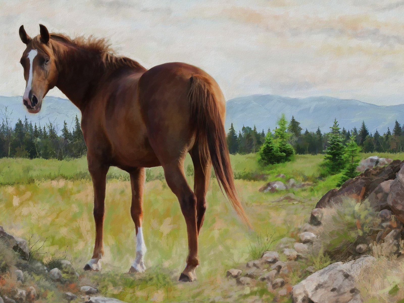Обои лошадь, природа, картина, пейзаж, графика, конь, живопись, horse, nature, picture, landscape, graphics, painting разрешение 2880x1620 Загрузить