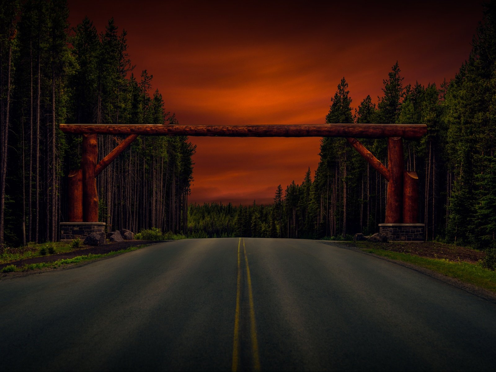 Обои дорога, деревья, лес, арка, бревна, road, trees, forest, arch, logs разрешение 6575x4215 Загрузить