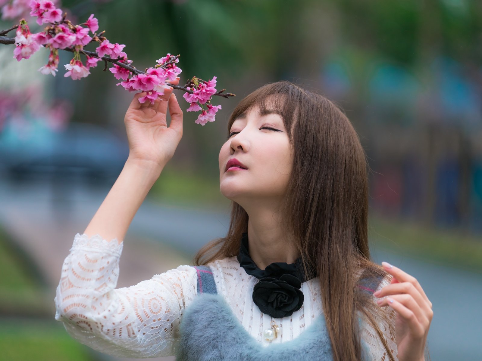 Обои ветка, девушка, волосы, сакура, азиатка, закрытые глаза, branch, girl, hair, sakura, asian, closed eyes разрешение 7952x5304 Загрузить