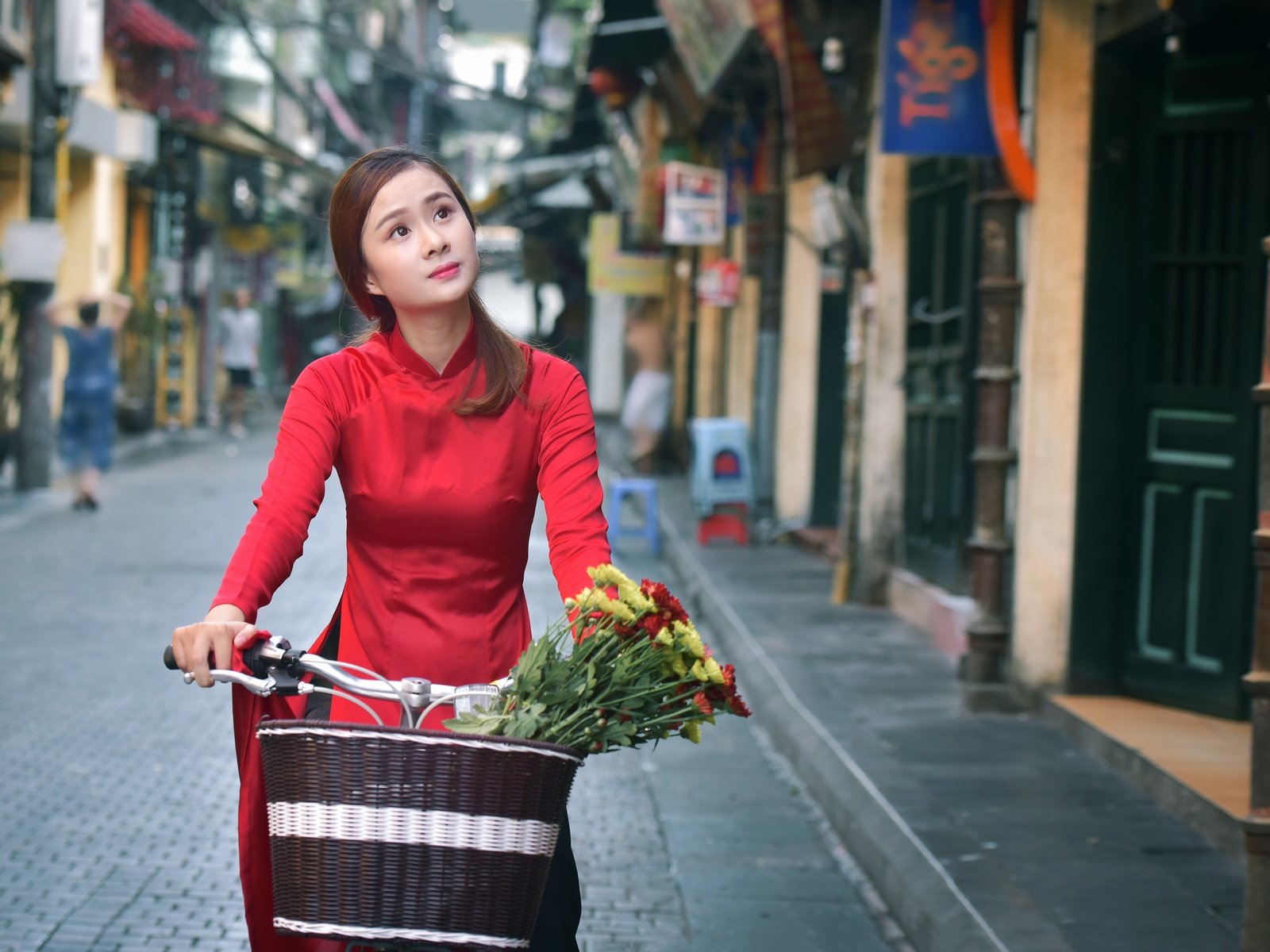 Обои цветы, девушка, улица, лицо, корзина, азиатка, велосипед, flowers, girl, street, face, basket, asian, bike разрешение 7650x4555 Загрузить