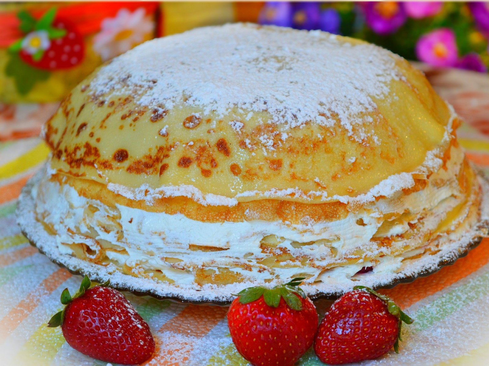 Обои клубника, ягоды, блинчики, блины, блинчии, блинный торт, strawberry, berries, pancakes, blinkie, pancake cake разрешение 3014x1891 Загрузить