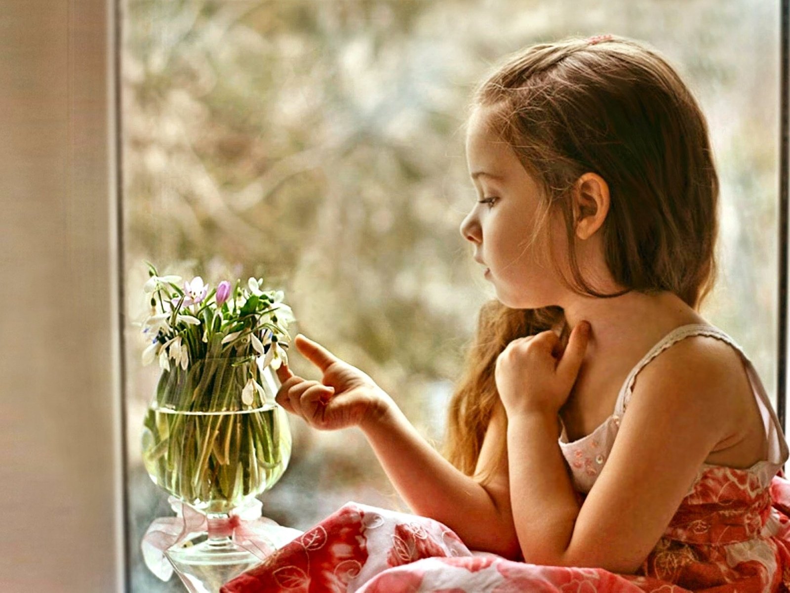 Обои цветы, дети, девочка, профиль, волосы, лицо, окно, flowers, children, girl, profile, hair, face, window разрешение 2080x1300 Загрузить