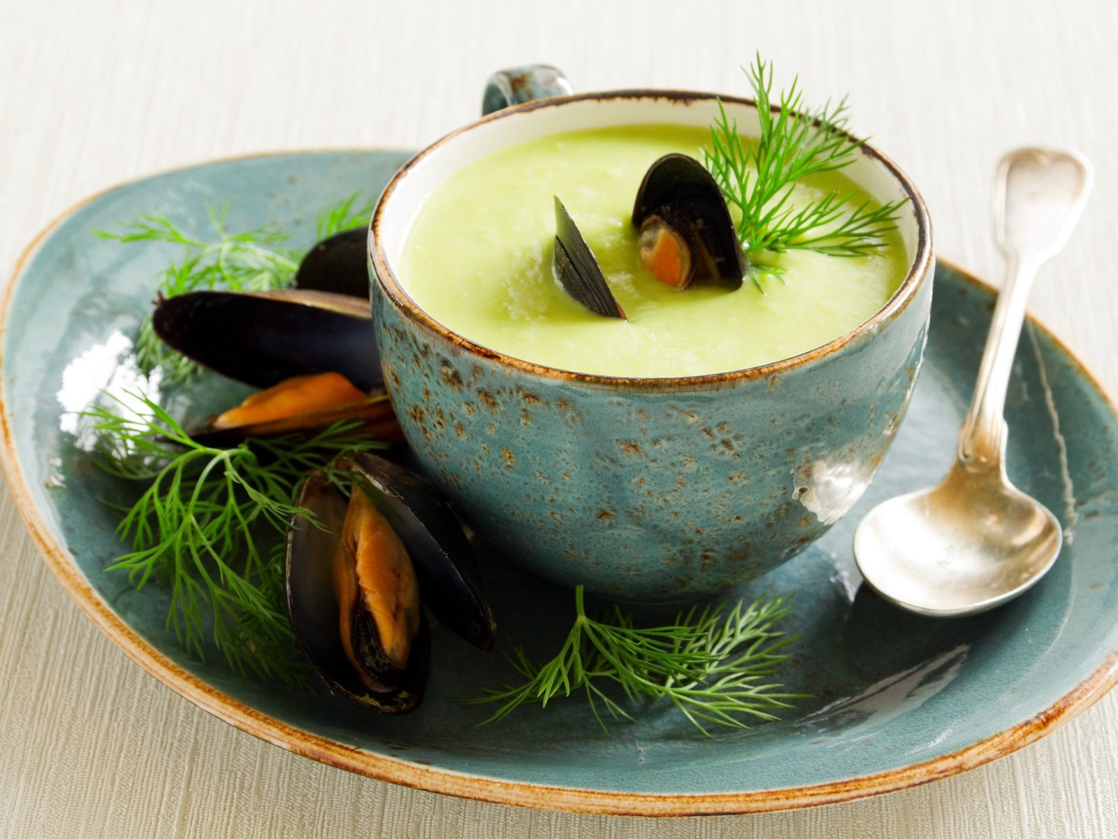 Обои укроп, ложка, морепродукты, мидии, суп, dill, spoon, seafood, mussels, soup разрешение 2560x1707 Загрузить