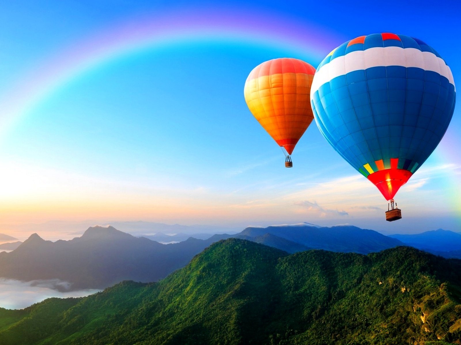 Обои небо, горы, радуга, воздушный шар, the sky, mountains, rainbow, balloon разрешение 1920x1200 Загрузить
