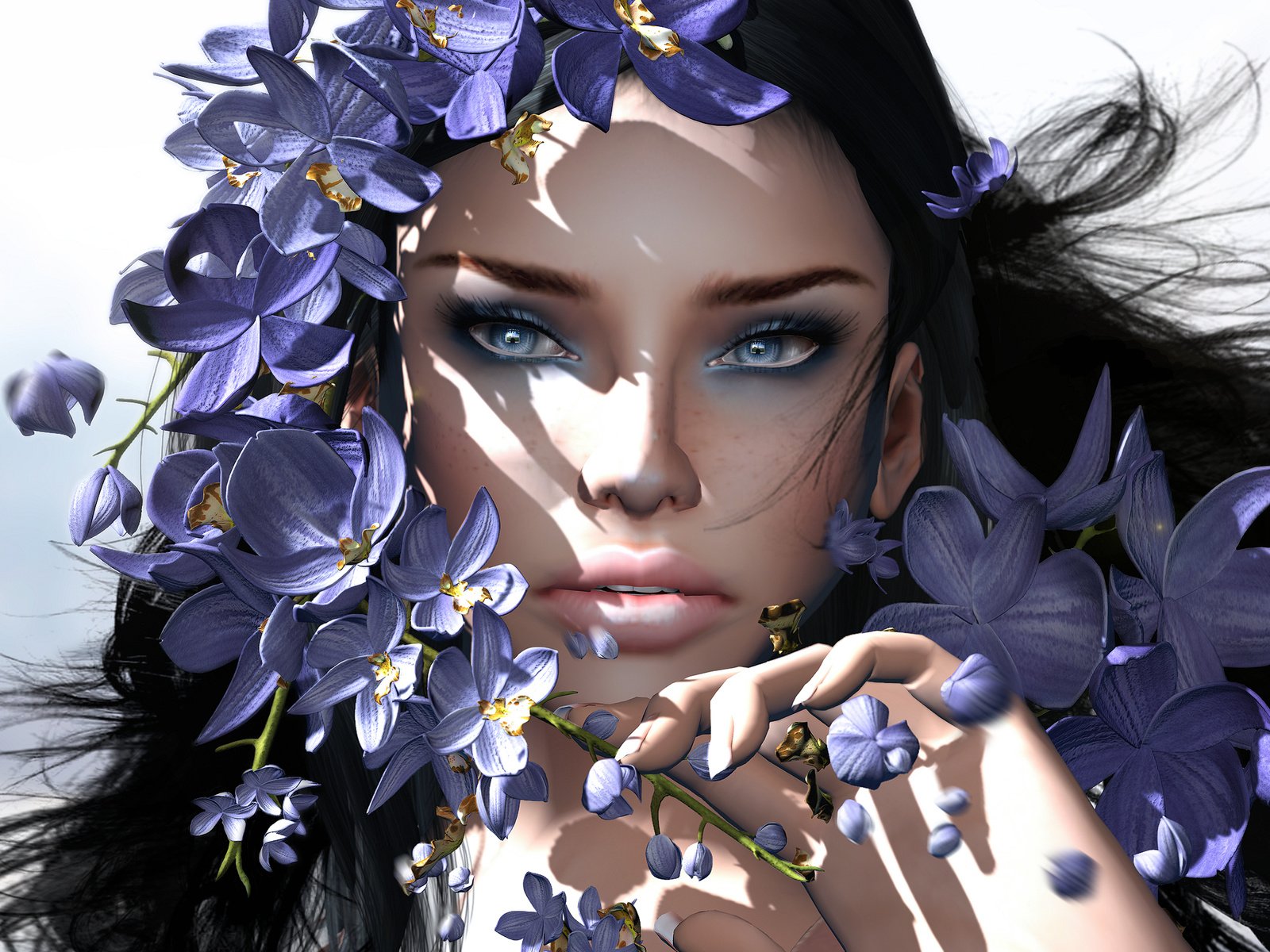 Обои цветы, девушка, взгляд, волосы, лицо, орхидеи, flowers, girl, look, hair, face, orchids разрешение 2880x1800 Загрузить