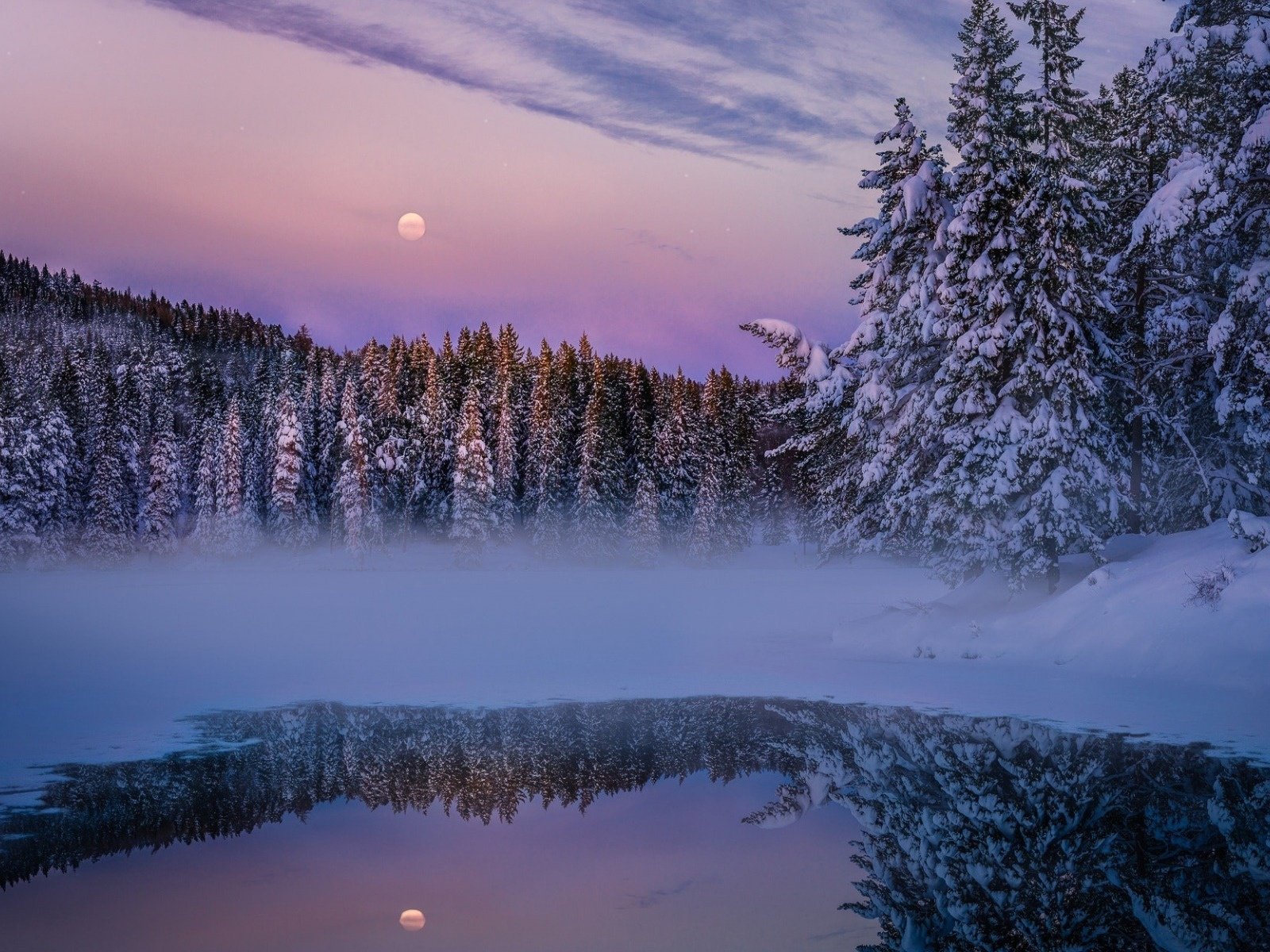 Обои вечер, озеро, природа, лес, зима, луна, the evening, lake, nature, forest, winter, the moon разрешение 1920x1200 Загрузить