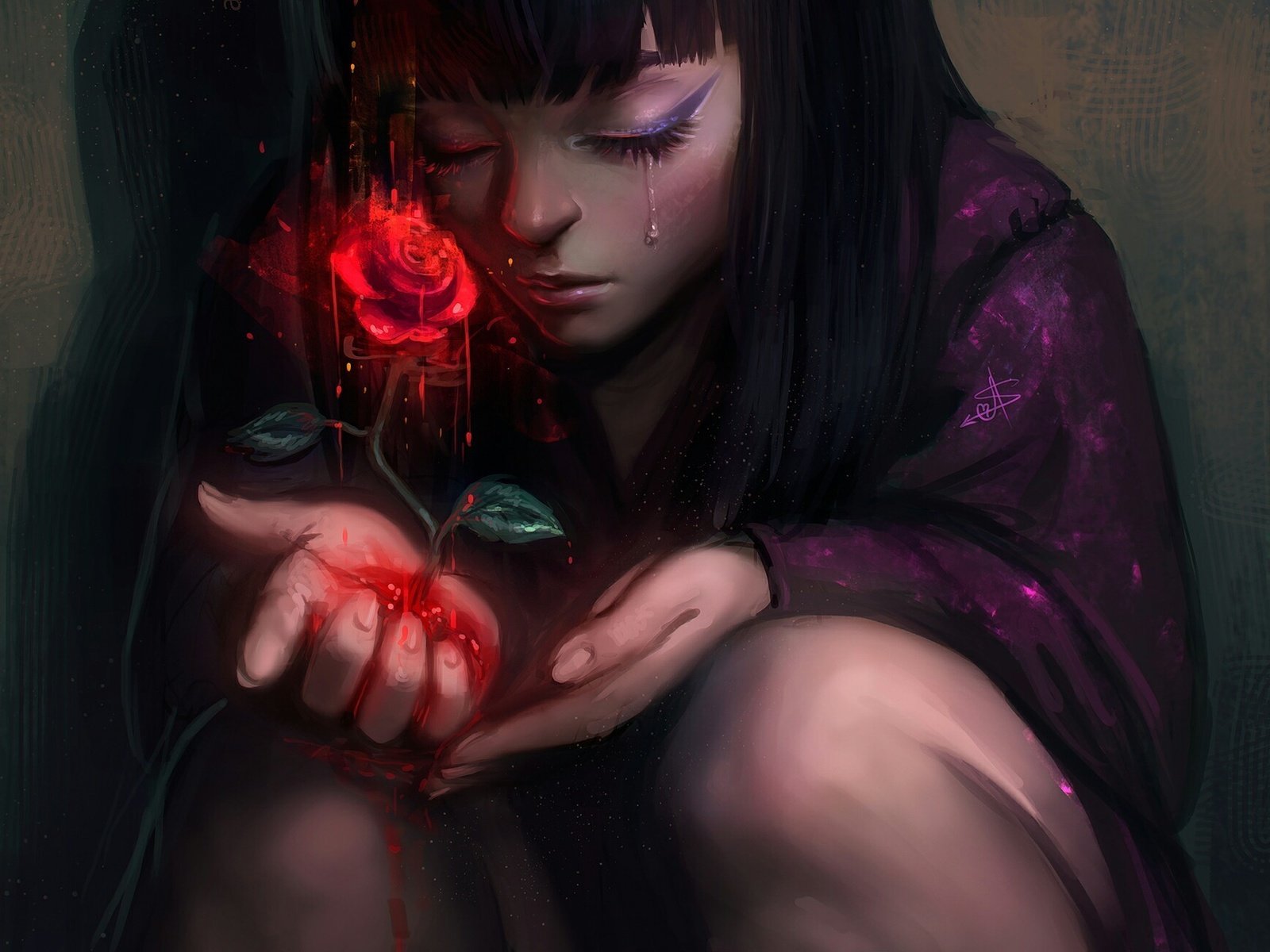 Обои арт, кровь, роза, девочка, слеза, судьба, art, blood, rose, girl, tear, destiny разрешение 2000x1312 Загрузить