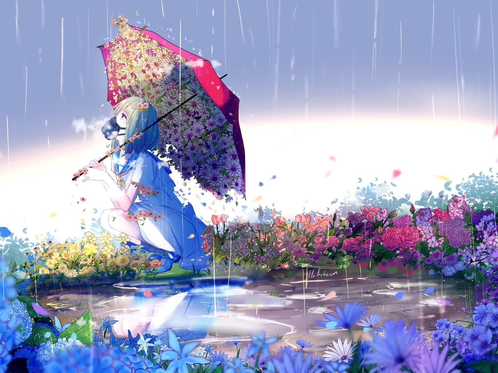 Обои цветы, девушка, аниме, дождь, зонтик, противогаз, flowers, girl, anime, rain, umbrella, gas mask разрешение 3507x2480 Загрузить