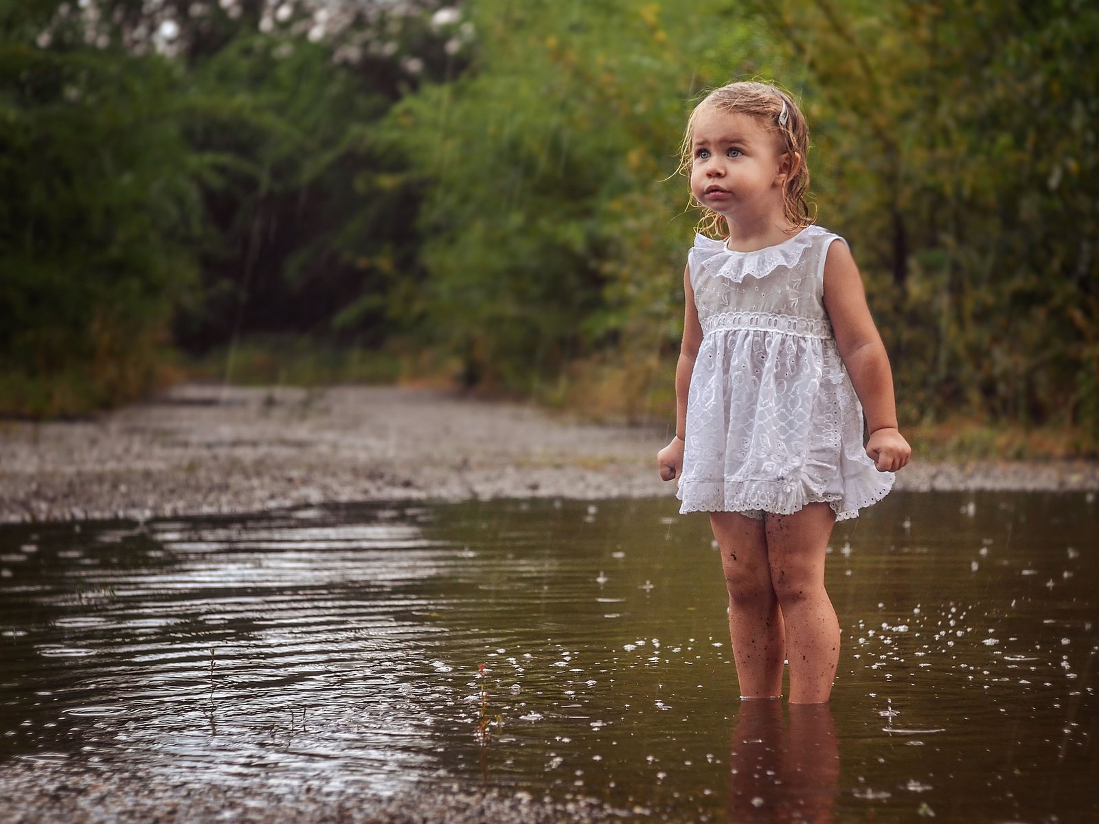 Обои малышка, вода, природа, платье, дети, девочка, дождь, ребенок, лужа, baby, water, nature, dress, children, girl, rain, child, puddle разрешение 2560x1600 Загрузить