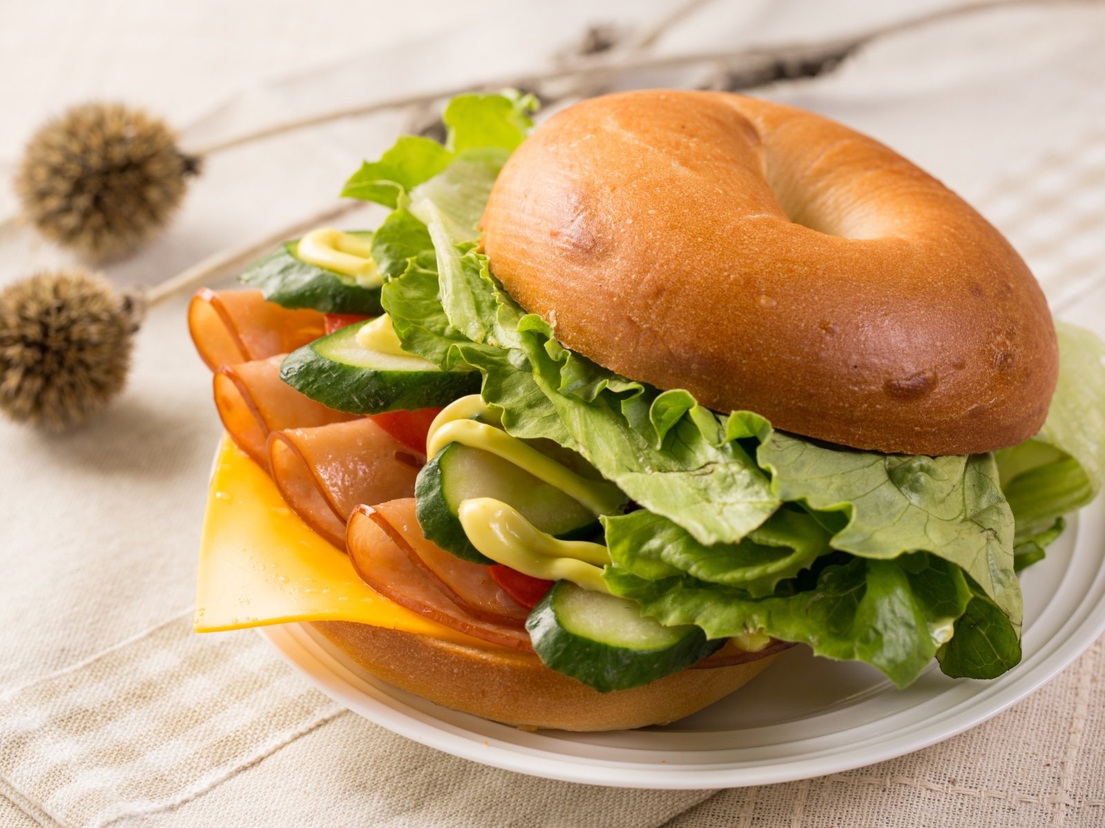 Обои бутерброд, гамбургер, сыр, мясо, салат, булочка, огурец, бейгл, sandwich, hamburger, cheese, meat, salad, bun, cucumber, bagel разрешение 3000x2000 Загрузить