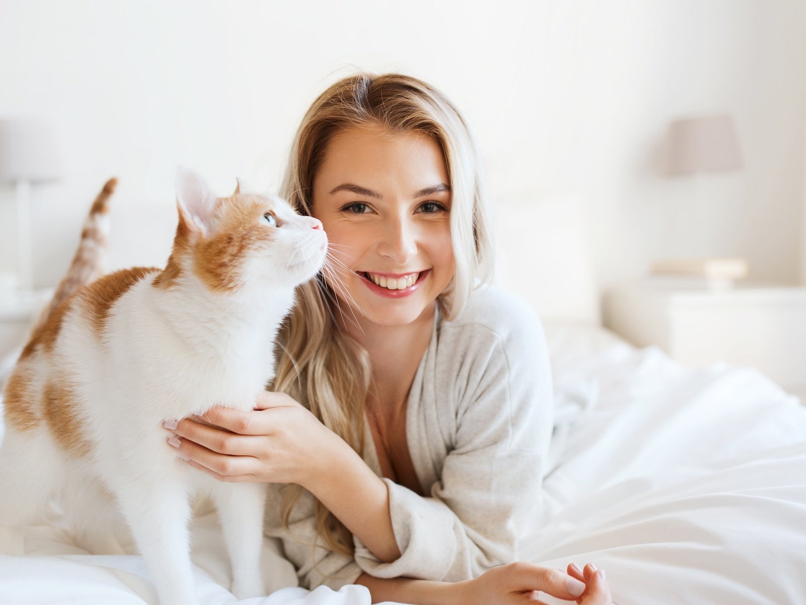 Обои девушка, блондинка, улыбка, кошка, кровать, халат, girl, blonde, smile, cat, bed, bathrobe разрешение 3900x2600 Загрузить