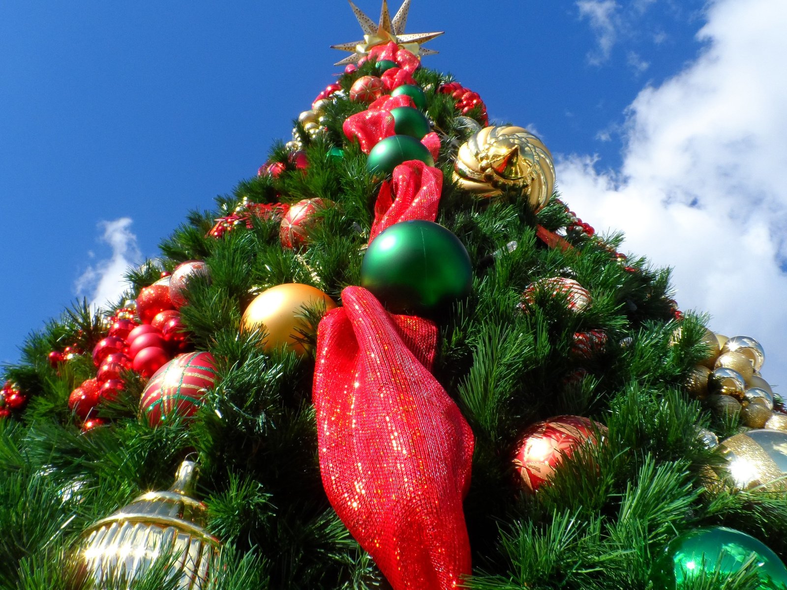 Обои небо, облака, новый год, елка, звезда, рождество, елочные игрушки, the sky, clouds, new year, tree, star, christmas, christmas decorations разрешение 3840x2400 Загрузить