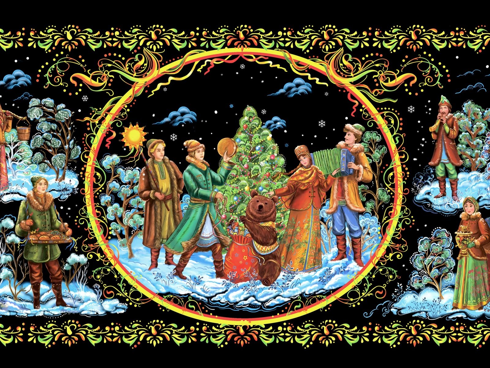 Обои рисунок, миниатюра, деревья, палех, новый год, елка, медведь, девушки, парни, рождество, figure, miniature, trees, palekh, new year, tree, bear, girls, guys, christmas разрешение 2880x1800 Загрузить