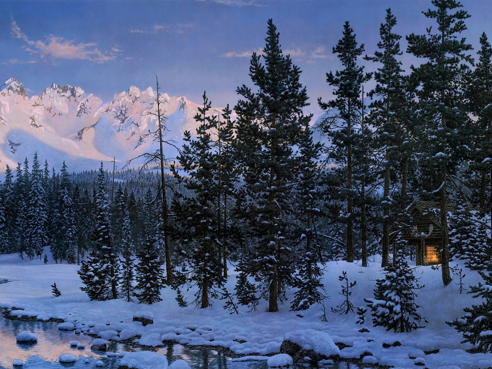 Обои лес, зима, домик, избушка, forest, winter, house, hut разрешение 4482x2177 Загрузить