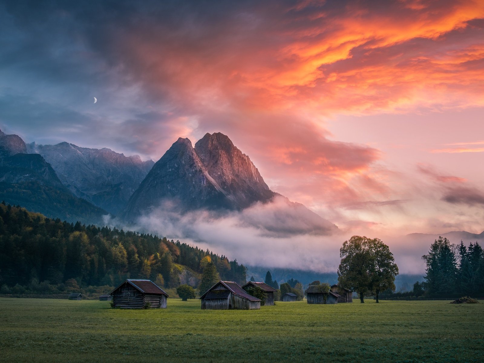 Обои небо, свет, облака, вечер, горы, природа, утро, сараи, the sky, light, clouds, the evening, mountains, nature, morning разрешение 2000x1696 Загрузить