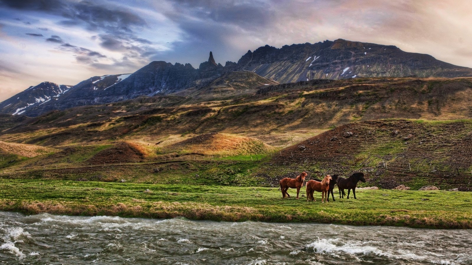 Обои облака, река, горы, лошади, clouds, river, mountains, horse разрешение 2560x1600 Загрузить