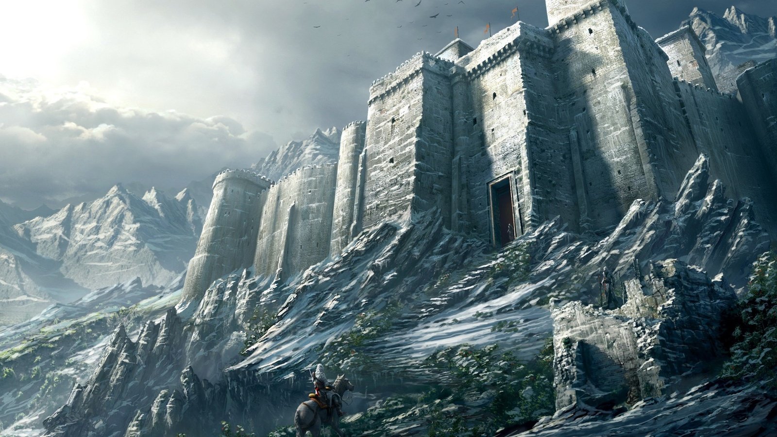 Обои горы, снег, воин, замок, mountains, snow, warrior, castle разрешение 2560x1600 Загрузить