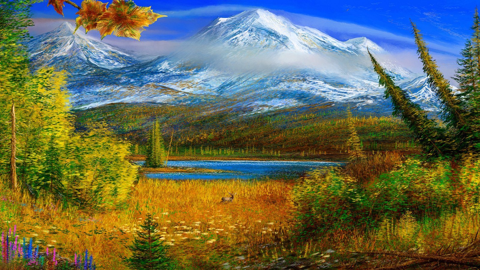 Обои горы, картина, осень, аляска, mountains, picture, autumn, alaska разрешение 2274x1200 Загрузить