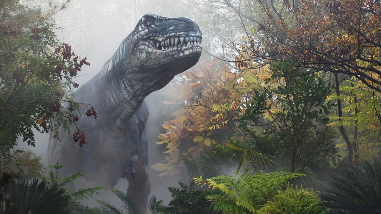 Обои лес, туман, осень, динозавр, forest, fog, autumn, dinosaur разрешение 1999x1304 Загрузить