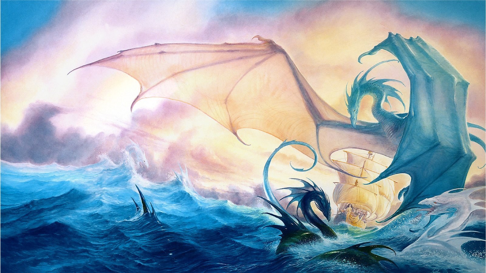 Обои фентези, море, корабль, драконы, fantasy, sea, ship, dragons разрешение 1950x1100 Загрузить