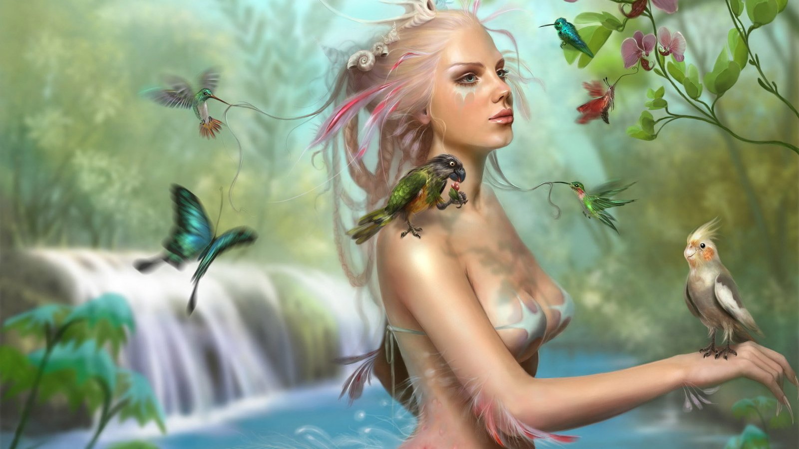 Обои девушка, водопад, бабочки, попугай, sophia kolokouri - the lady bird, girl, waterfall, butterfly, parrot разрешение 1920x1200 Загрузить