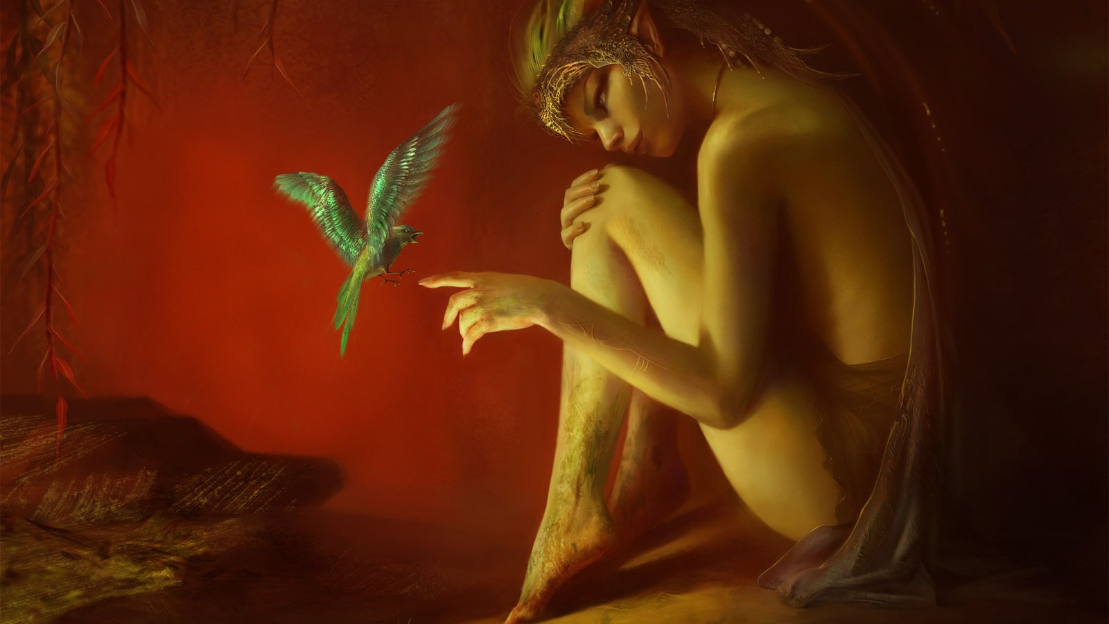 Обои девушка, красный, птица, эльф, benita winckler - hush, girl, red, bird, elf разрешение 1920x1200 Загрузить