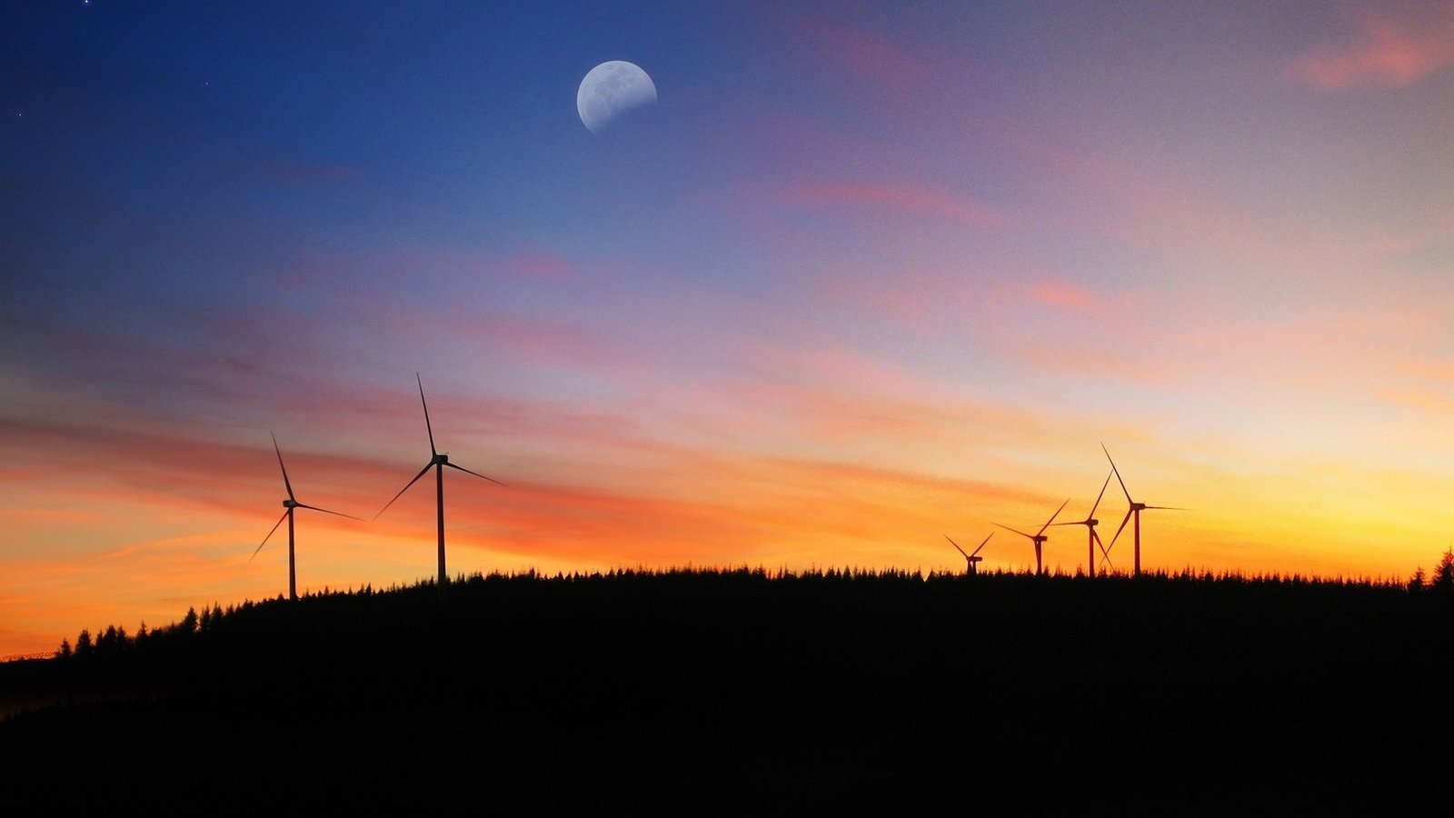 Обои вечер, луна, ветряки, ветротурбины, the evening, the moon, windmills, wind turbine разрешение 1920x1200 Загрузить