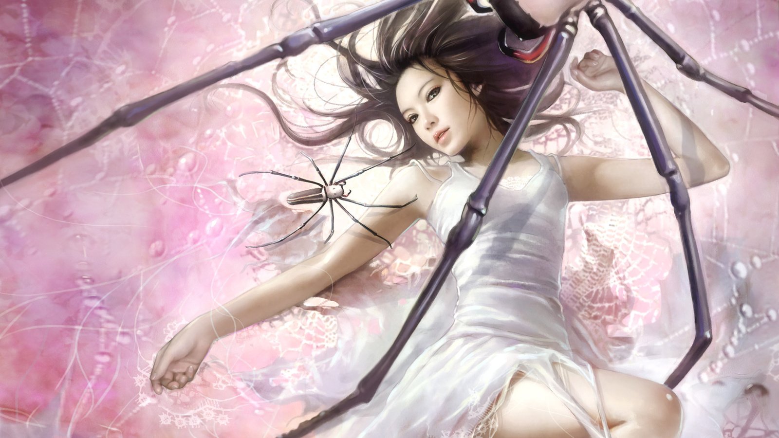 Обои девушка, паутина, i-chen lin, пауки, белое платье, girl, web, spiders, white dress разрешение 2560x1600 Загрузить