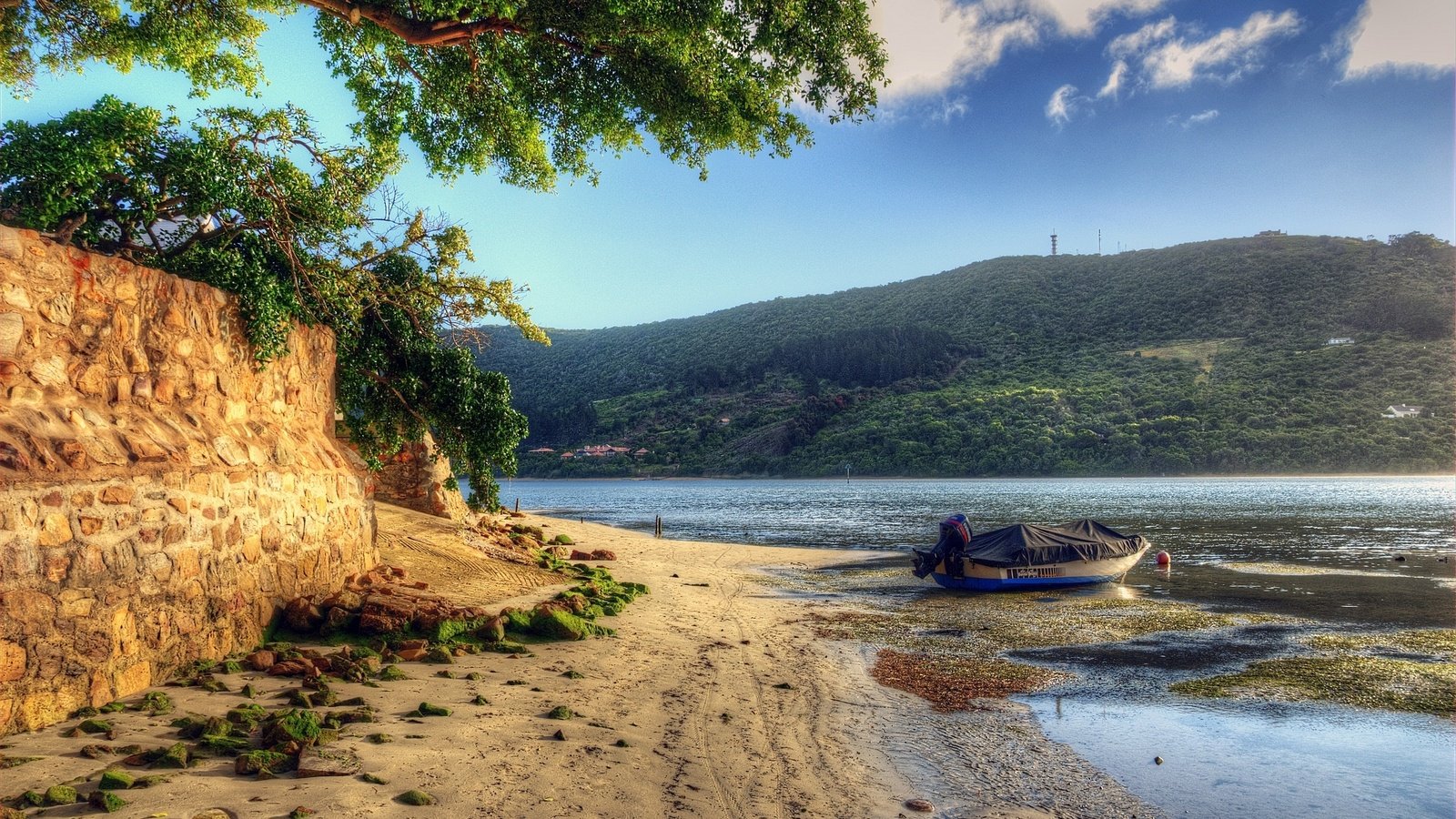 Обои деревья, вода, река, природа, берег, пейзаж, песок, лодка, trees, water, river, nature, shore, landscape, sand, boat разрешение 2560x1600 Загрузить